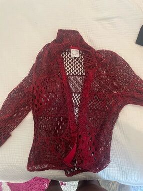 With Jean Open-Knit Burgundy Red Cardigan